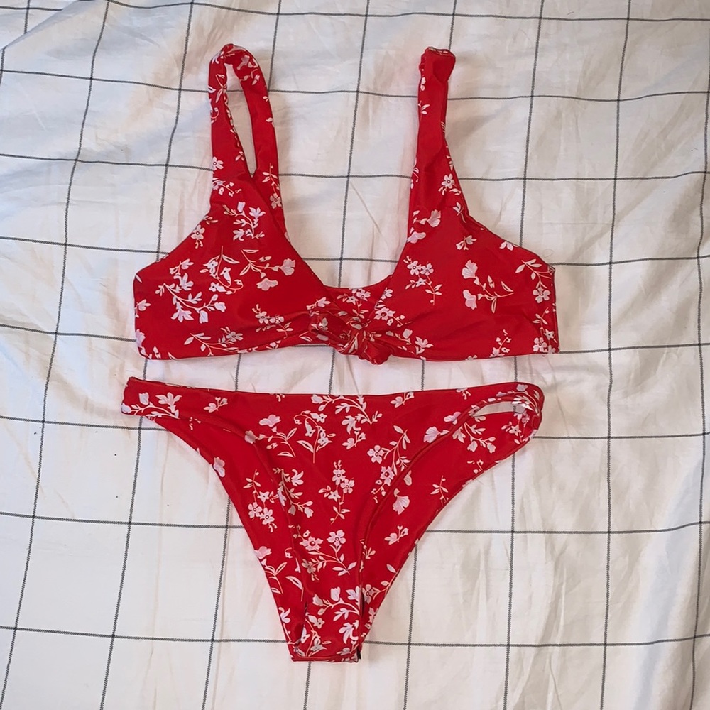 COPY - Dark orange floral tie front bikini, NWOT, size M